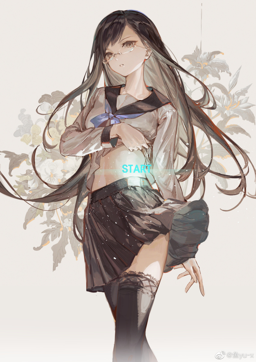 1girl, arms_behind_back, black_hair, black_sailor_collar, black_skirt, black_thighhighs, clenched_teeth, clothes_lift, cowboy_shot, english_text, floral_background, glasses, glowing_words, grey_eyes, head_tilt, highres, juusan_kihei_bouei_ken, lace, lace-trimmed_legwear, lace_trim, lifting_own_clothes, long_hair, long_sleeves, looking_away, miniskirt, neckerchief, pleated_skirt, purple_neckerchief, sailor_collar, school_uniform, serafuku, shirt_lift, skirt, swept_bangs, teeth, thighhighs, very_long_hair, watermark, weibo_watermark, white_background, white_serafuku, wind, wind_lift, yakushiji_megumi, yu-x, zettai_ryouiki