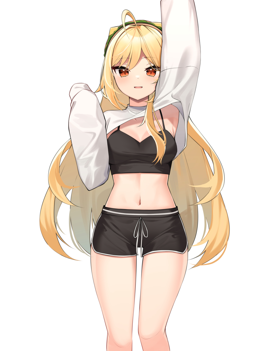 1girl, absurdres, ahoge, arm_up, armpit_peek, armpits, black_shirt, black_shorts