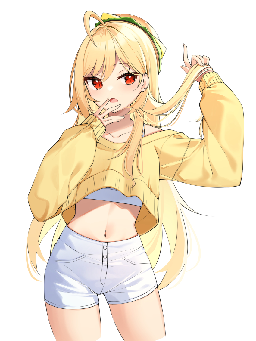 1girl, absurdres, ahoge, arms_up, blonde_hair, camisole, collarbone, crop_top
