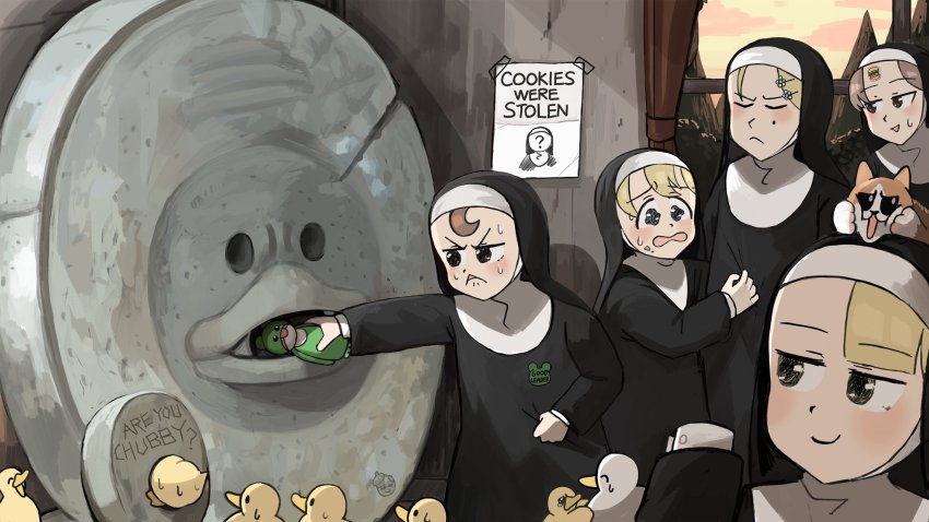 5girls, :d, ^_^, animal, animal_on_head, baby_animal, bird, blonde_hair