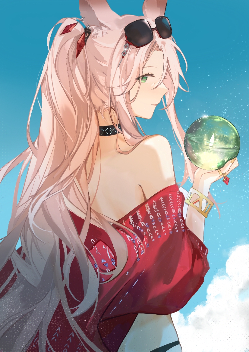1girl, animal_ear_fluff, animal_ears, annnnq, arknights, back, bare_shoulders, bikini, black_bikini, blue_sky, bracelet, closed_mouth, collar, day, deer_ears, eyewear_on_head, fingernails, from_behind, gitano_(arknights), green_eyes, holding, infection_monitor_(arknights), jewelry, long_fingernails, long_hair, long_sleeves, looking_at_viewer, looking_back, nail_polish, off_shoulder, orb, outdoors, pink_hair, ponytail, ring, sky, smile, solo, sunglasses, swimsuit, very_long_hair, yellow_nails