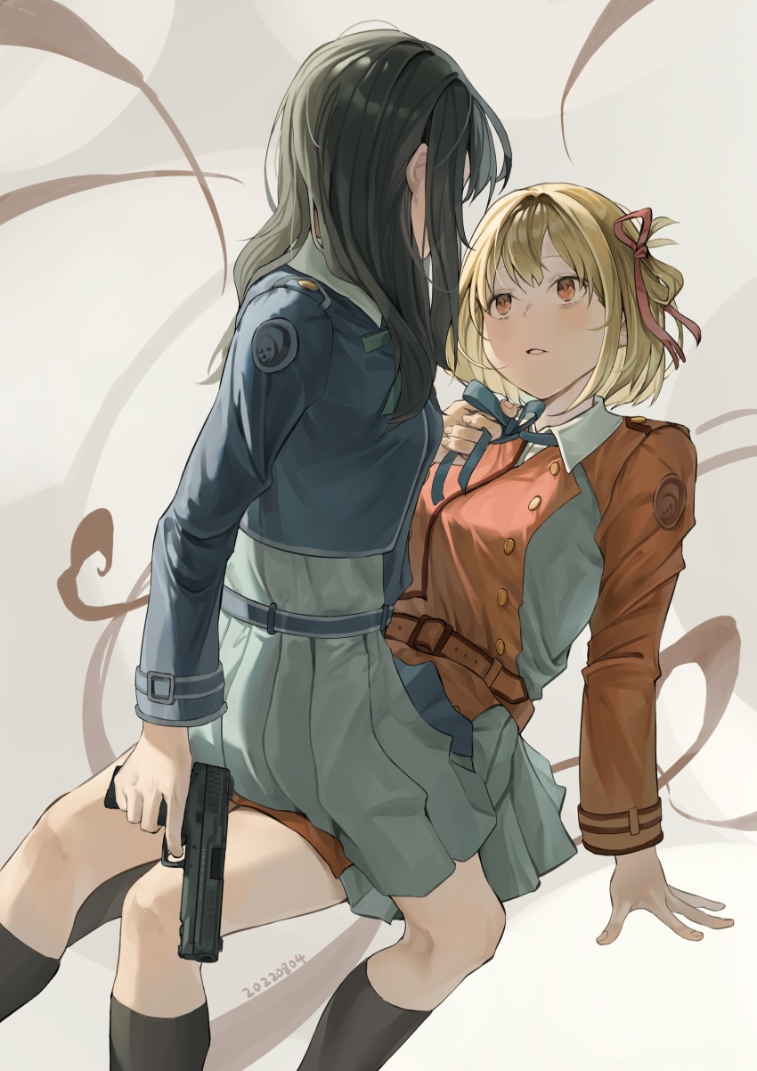 2girls, absurdres, black_hair, blonde_hair, blue_ribbon, blush, dated, dress