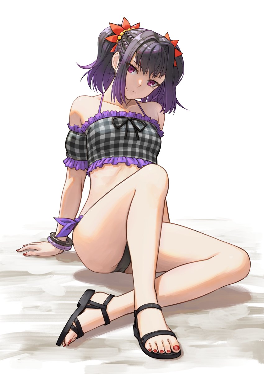 absurdres, bandeau_bikini, bikini, black_bikini, bracelet, collarbone, feet, hair_flower