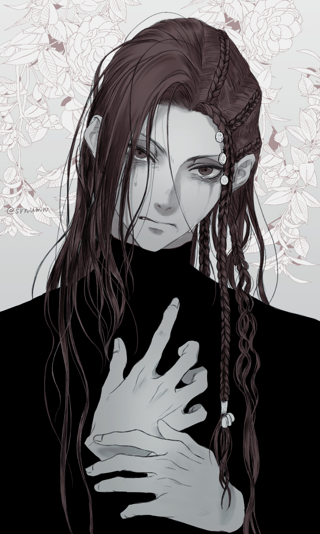 1boy, bags_under_eyes, braid, clenched_teeth, fingernails, floral_print, grey_background, hair_between_eyes