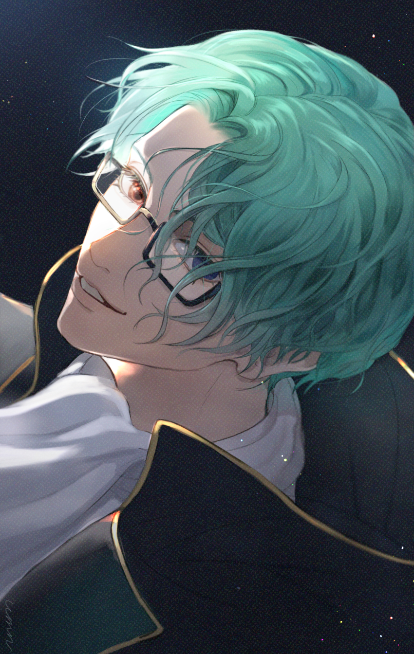 1boy, akuma_shitsuji_to_kuroi_neko, aqua_hair, ascot, black-framed_eyewear, black_background, black_cape, blue_eyes