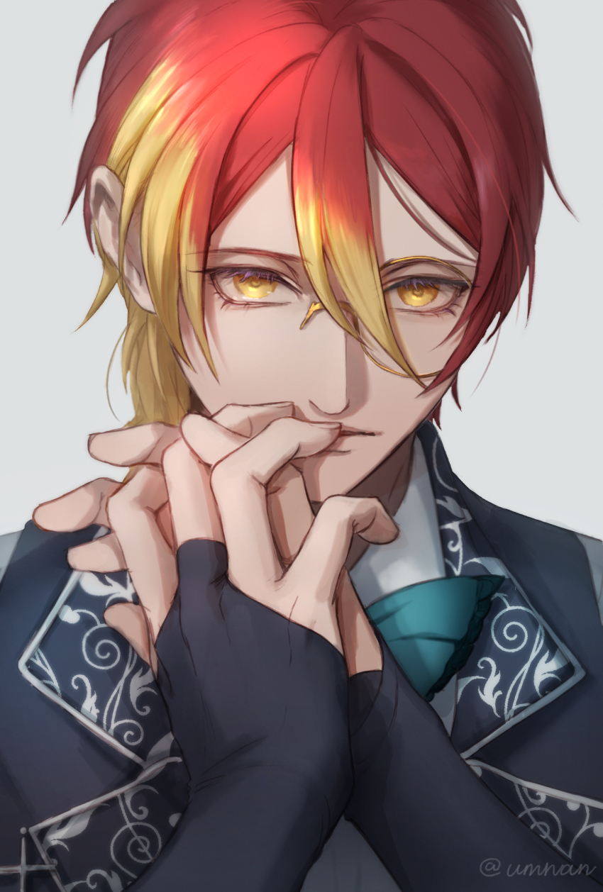 1boy, akuma_shitsuji_to_kuroi_neko, aqua_bow, aqua_bowtie, black_jacket, blonde_hair, bow, bowtie, bridal_gauntlets, collared_shirt, eyelashes, fennesz_oswald, grey_background, hair_between_eyes, covering_own_mouth, hands_up, highres, jacket, long_sleeves, looking_afar, male_focus, monocle, multicolored_hair, own_hands_together, patterned_clothing, portrait, red_hair, round_eyewear, shirt, short_hair, simple_background, solo, twitter_username, two-tone_hair, umino_kiri, white_shirt, yellow-framed_eyewear, yellow_eyes