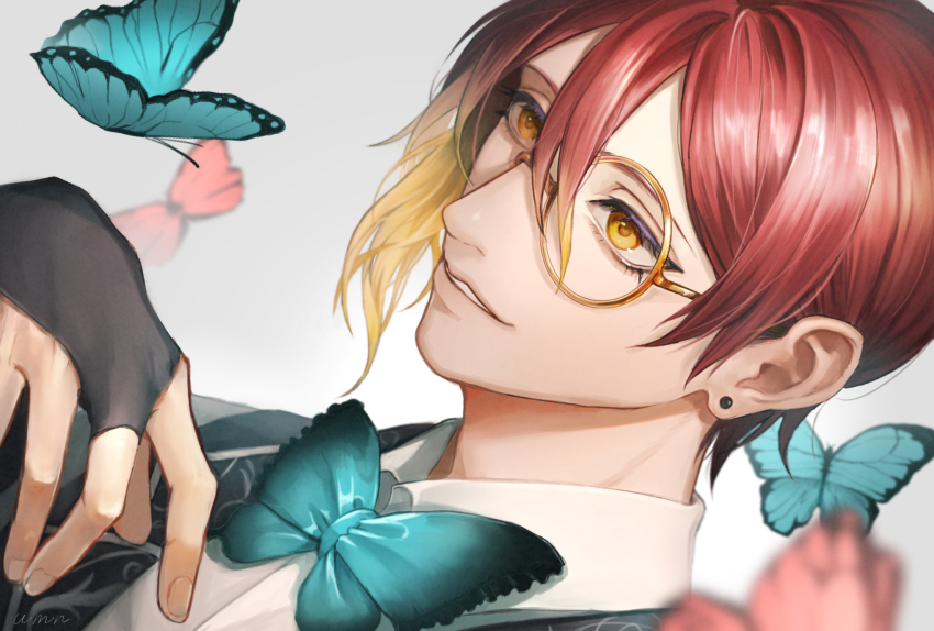 1boy, akuma_shitsuji_to_kuroi_neko, animal, aqua_bow, aqua_bowtie, aqua_butterfly, asymmetrical_hair, blonde_hair