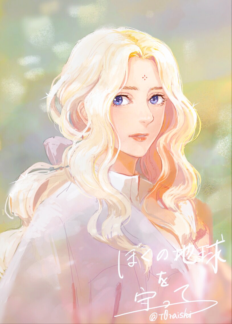 1girl, alternate_hairstyle, artist_name, blonde_hair, blurry, blurry_background, boku_no_chikyuu_o_mamotte, eyelashes