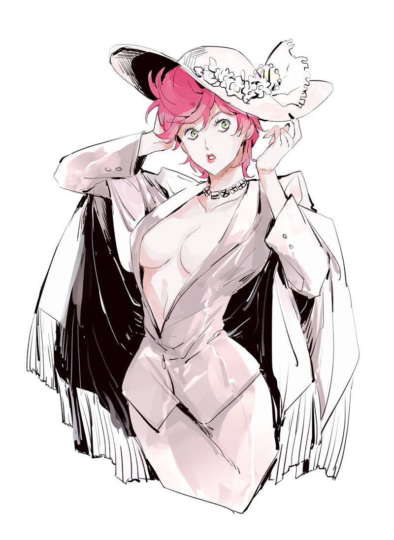 1girl, blazer, breasts, center_opening, cleavage, coat, coat_on_shoulders, cropped_legs