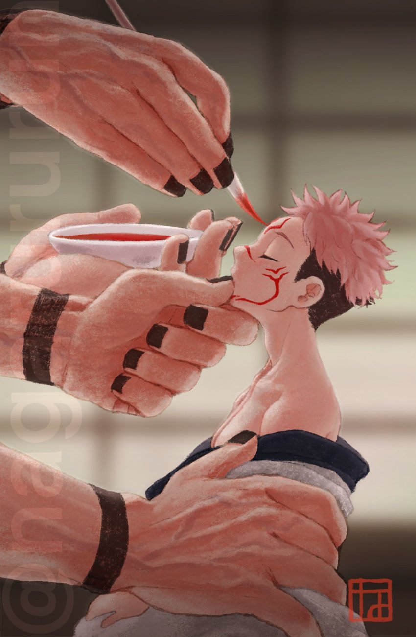 1boy, bare_shoulders, black_nails, body_writing, bodypaint, commentary_request, cup, disembodied_hand, drawing_on_another's_face, facepaint, facial_mark, from_side, grabbing, highres, holding, holding_cup, indoors, itadori_yuji, jujutsu_kaisen, kneeling, looking_up, male_focus, multicolored_hair, muscular, nagarururun, nail_polish, on_floor, paint_on_body, pink_hair, robe, ryoumen_sukuna_(jujutsu_kaisen), saucer, solo_focus, two-tone_hair