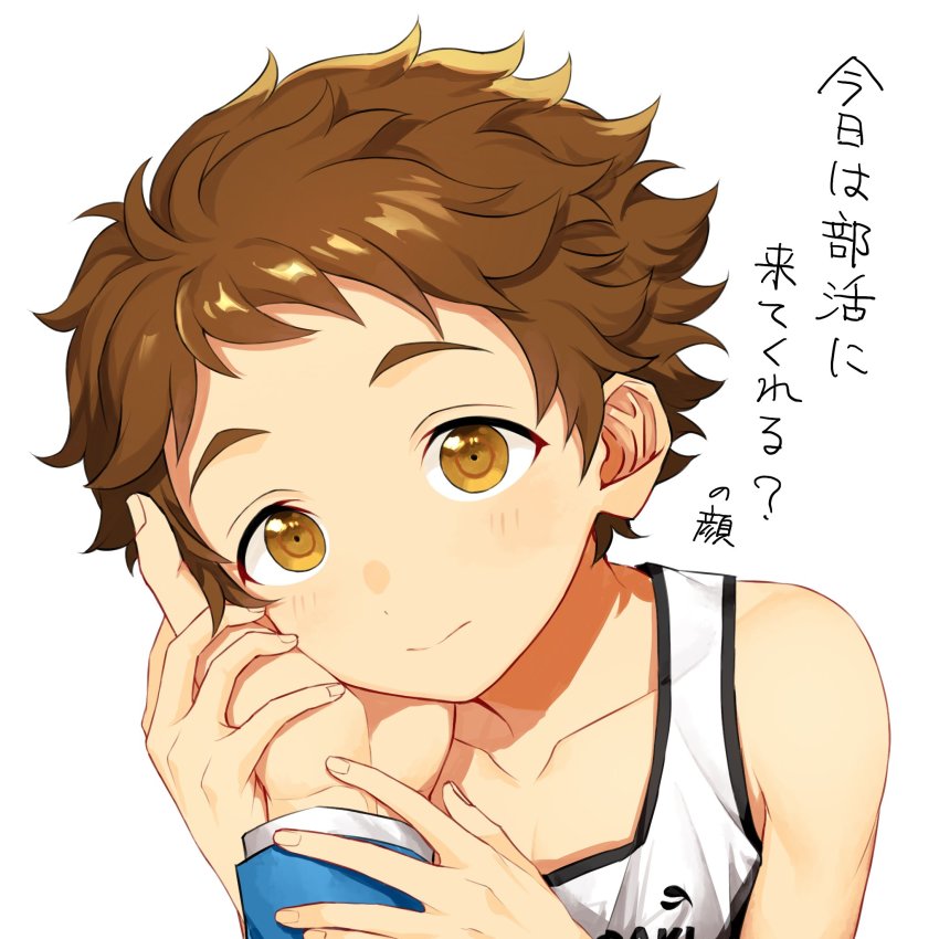 2boys, akari-chan_(e), bare_shoulders, brown_eyes, brown_hair, close-up, closed_mouth, commentary_request