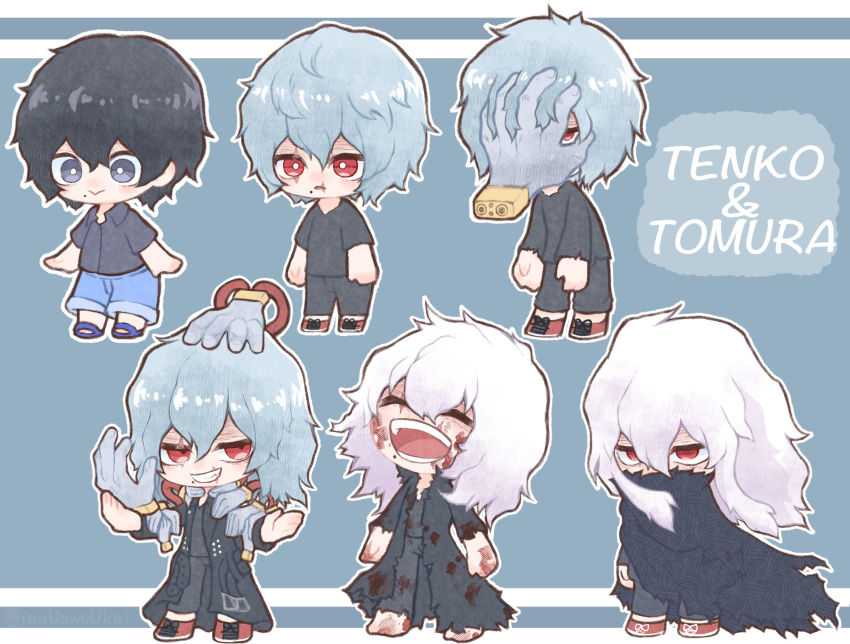 1boy, :>, age_progression, black_cape, black_hair, black_jacket, black_pants, black_shirt