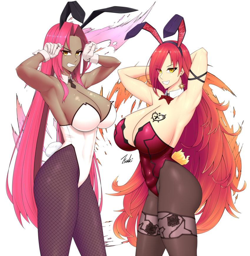 2girls, animal_ears, armpits, arms_behind_head, astaroth_(taimanin_asagi), bow, bowtie, breast_tattoo