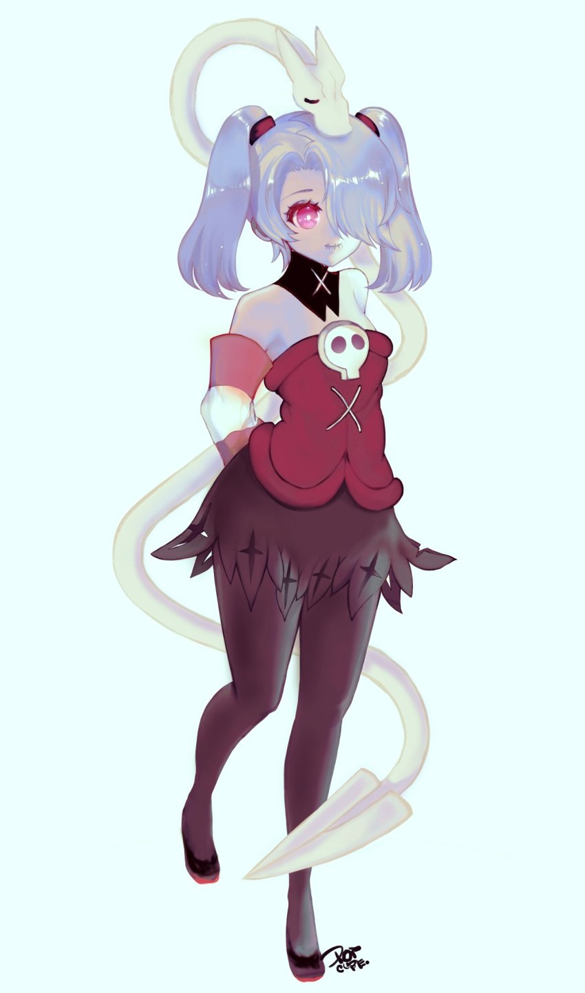 1girl, adapted_costume, alternate_costume, arms_behind_back, blue_hair, blue_skin, bright_pupils, colored_skin