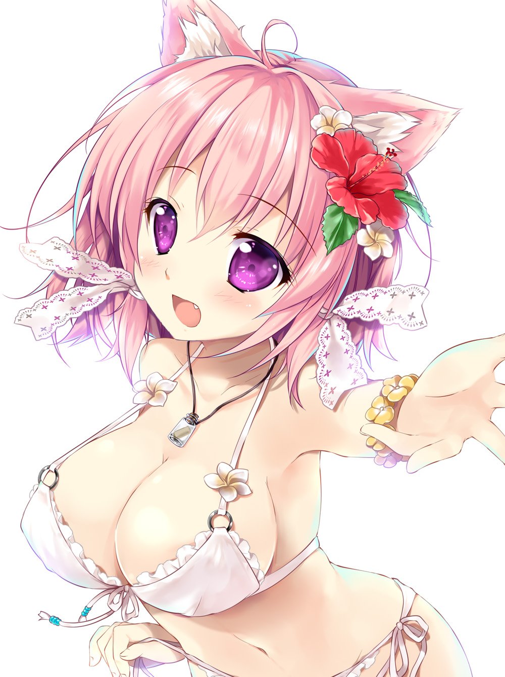 1girl, ahoge, animal_ear_fluff, animal_ears, bashira_(sennen_sensou_aigis), bikini, bracelet, breasts, cat_ears, cat_girl, cleavage, commentary_request, fang, flower, hair_flower, hair_ornament, highres, jewelry, large_breasts, looking_at_viewer, medium_hair, mikeou, navel, open_mouth, pink_hair, purple_eyes, sennen_sensou_aigis, smile, solo, swimsuit, white_bikini