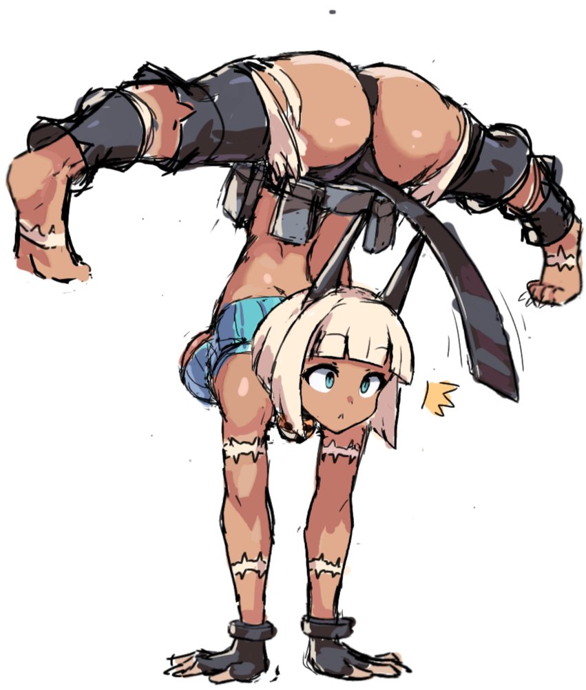 1girl, ^^^, ass, belt, belt_pouch, blue_eyes, breasts, cat_girl