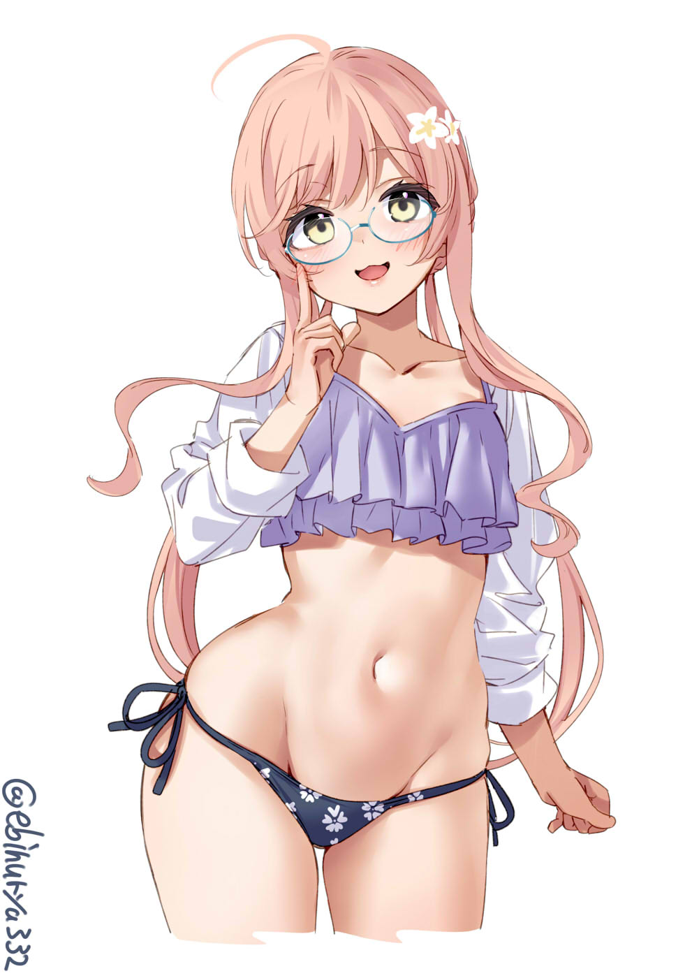 1girl, ahoge, bikini, black_bikini, blue-framed_eyewear, blush, collarbone, cropped_legs, ebifurya, floral_print, flower, glasses, groin, hair_flower, hair_ornament, hand_up, highres, kantai_collection, long_hair, long_sleeves, looking_at_viewer, low_twintails, makigumo_(kancolle), makigumo_kai_ni_(kancolle), makigumo_kai_ni_(swimsuit)_(kancolle), navel, one-hour_drawing_challenge, open_mouth, pink_hair, semi-rimless_eyewear, side-tie_bikini_bottom, simple_background, smile, solo, swimsuit, thighs, twintails, twitter_username, very_long_hair, white_background, wide_hips, yellow_eyes