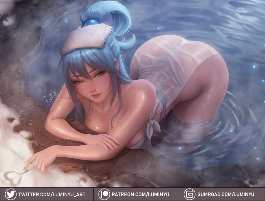 1girl, aqua_(konosuba), ass, bath, bathing, bent_over, blue_hair, breasts, dripping, hair_ornament, hair_rings, kono_subarashii_sekai_ni_shukufuku_wo!, large_breasts, leaning_forward, lips, luminyu, naked_towel, ponytail, single_hair_ring, solo, sphere_hair_ornament, steam, steaming_body, thighs, towel, towel_on_head, twitter_logo, water, wet, wet_towel