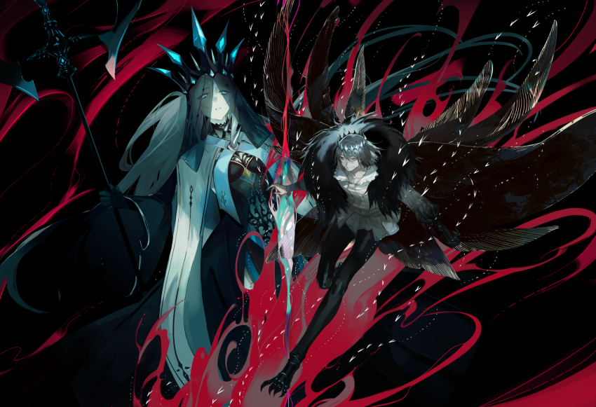 1boy, 1girl, arthropod_limbs, blonde_hair, blue_eyes, breasts, coat, crown