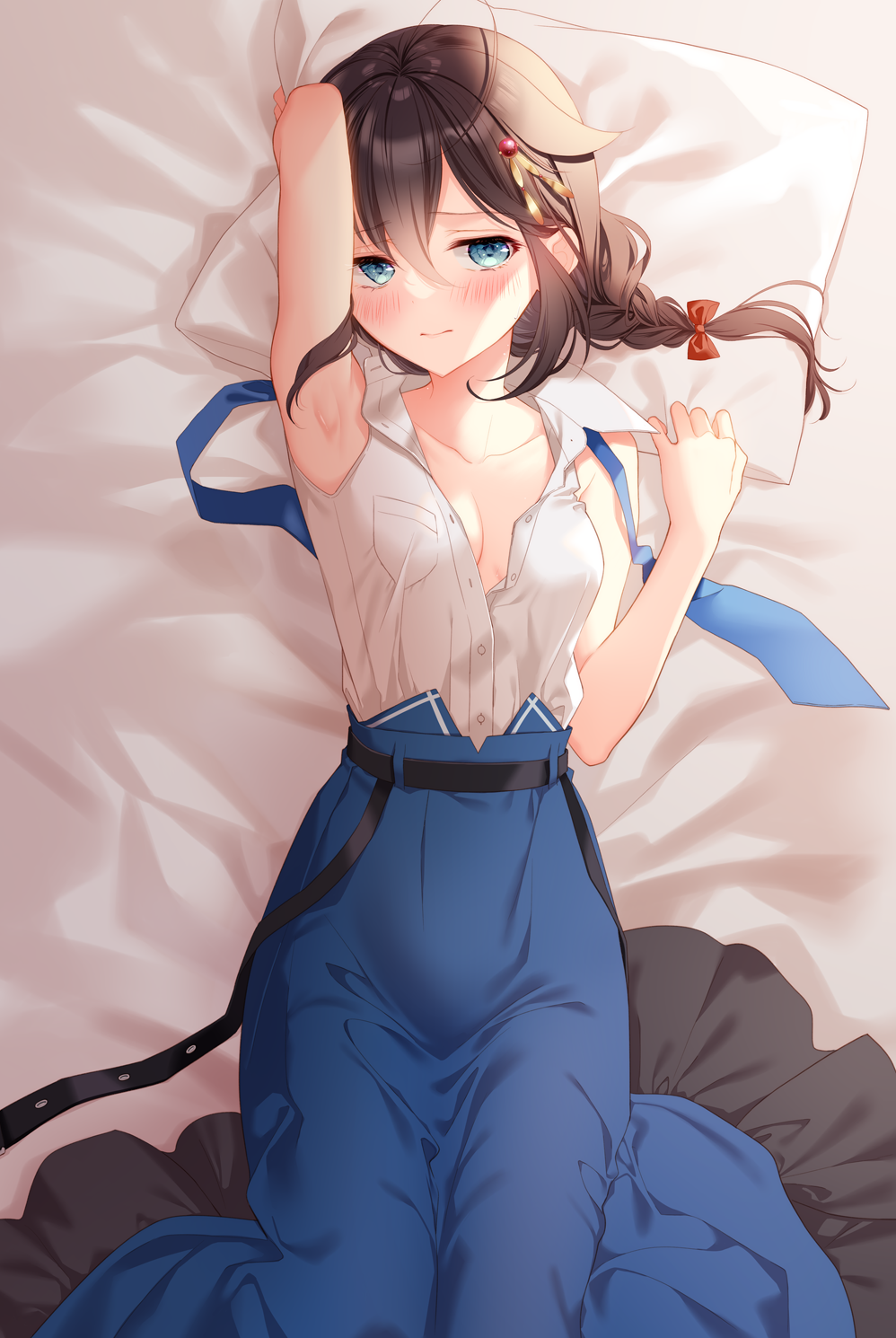 1girl, arm_up, armpits, blue_eyes, blue_skirt, blush, braid, breasts, brown_hair, cleavage, collarbone, highres, kantai_collection, long_hair, looking_at_viewer, lying, medium_breasts, naoto_(tulip), necktie, official_alternate_costume, on_back, on_bed, open_clothes, open_shirt, shigure_(kancolle), shigure_(lawson)_(kancolle), shigure_kai_ni_(kancolle), shirt, skirt, sleeveless, sleeveless_shirt, solo, undressing, unworn_necktie, white_shirt