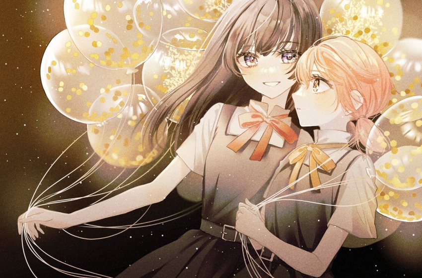 2girls, balloon, black_hair, dress, grin, haruhana_aya, highres, holding