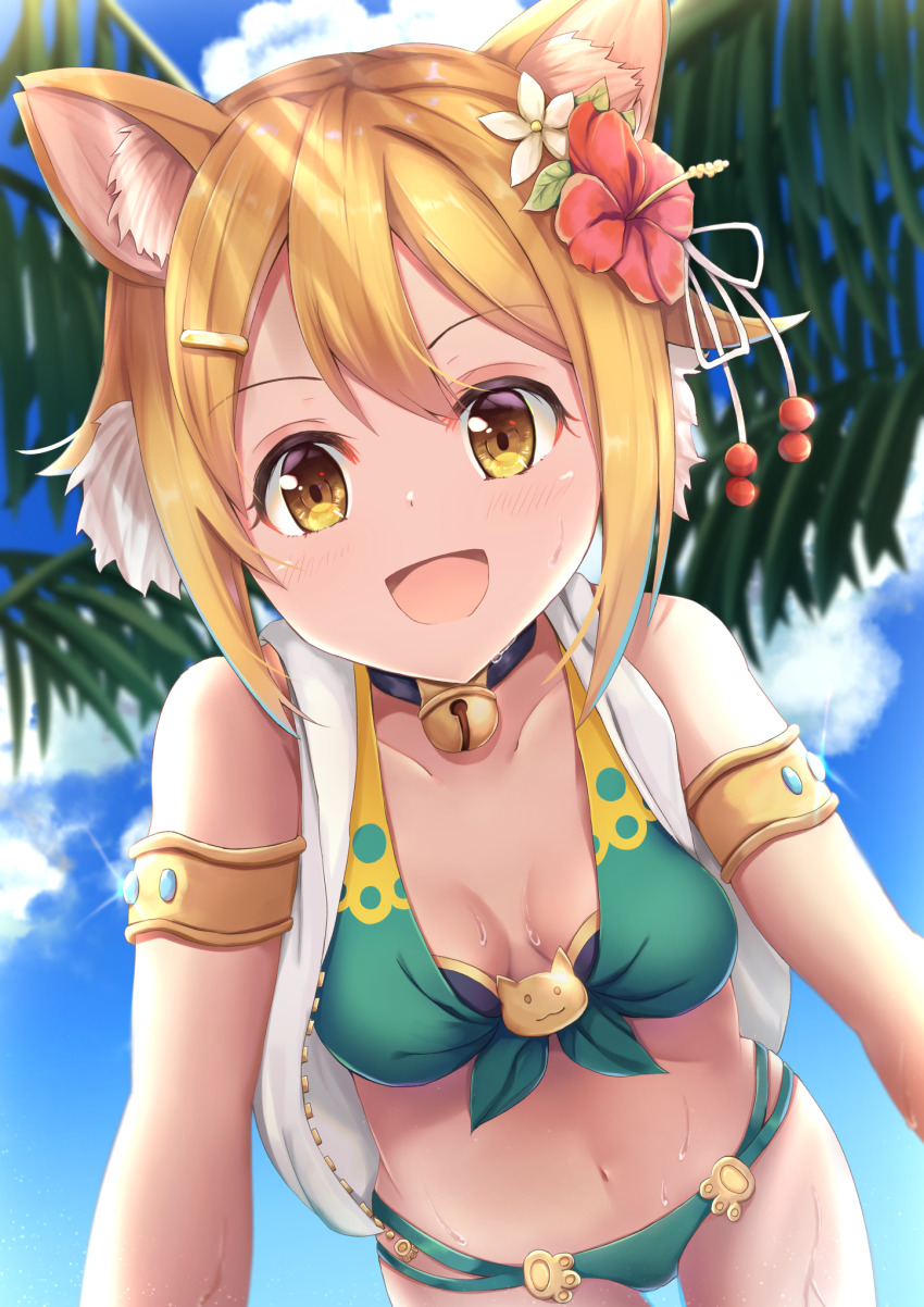 1girl, animal_ear_fluff, animal_ears, armlet, bell, bikini, blonde_hair, breasts
