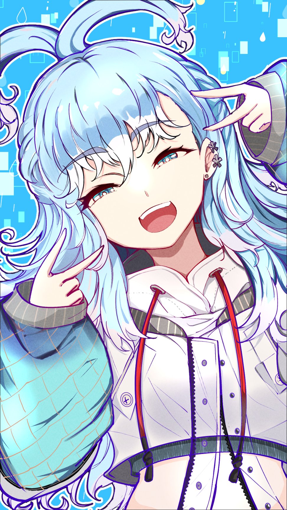 1girl, :d, antenna_hair, blue_background, blue_eyes, blue_hair, cropped_hoodie, double_v, drawstring, ear_piercing, earrings, hair_behind_ear, hair_between_eyes, half-closed_eyes, half_updo, head_tilt, highres, hizaki_gamma_(artist), hololive, hololive_indonesia, hood, hoodie, indonesian_commentary, jacket, jewelry, kobo_kanaeru, liquid_hair, long_hair, long_sleeves, looking_at_viewer, mixed-language_commentary, multicolored_hair, open_mouth, piercing, puffy_long_sleeves, puffy_sleeves, see-through_clothes, see-through_jacket, sleeves_past_wrists, smile, solo, streaked_hair, stud_earrings, teeth, upper_body, upper_teeth_only, v, virtual_youtuber, white_hair, white_hoodie, zipper