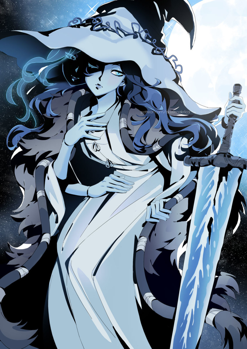 1girl, blazemalefica, blue_eyes, blue_hair, blue_lips, blue_skin, brown_cloak, cloak