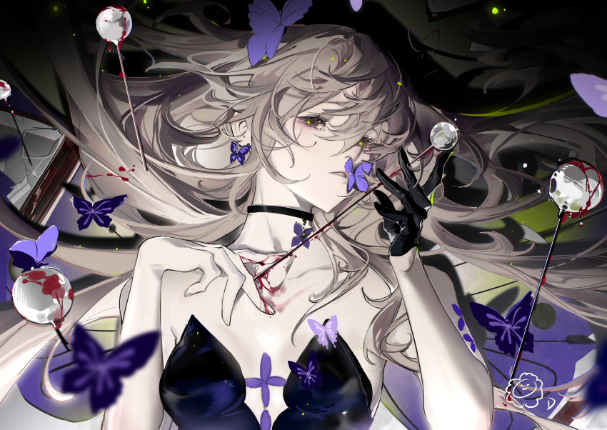 1girl, absurdres, alchemy_stars, areia_(alchemy_stars), areia_(night_to_remember)_(alchemy_stars), artist_logo, bare_shoulders, black_dress, black_gloves, blood, breasts, broken_glass, bug, butterfly, butterfly_earrings, choker, dress, earrings, glass, gloves, hair_spread_out, half-closed_eyes, half_gloves, highres, holding, holding_needle, insect, jewelry, light_brown_hair, logo, looking_at_viewer, lying, needle, on_back, parted_lips, sdayy, single_glove, small_breasts, solo, strapless, strapless_dress, upper_body, yellow_eyes