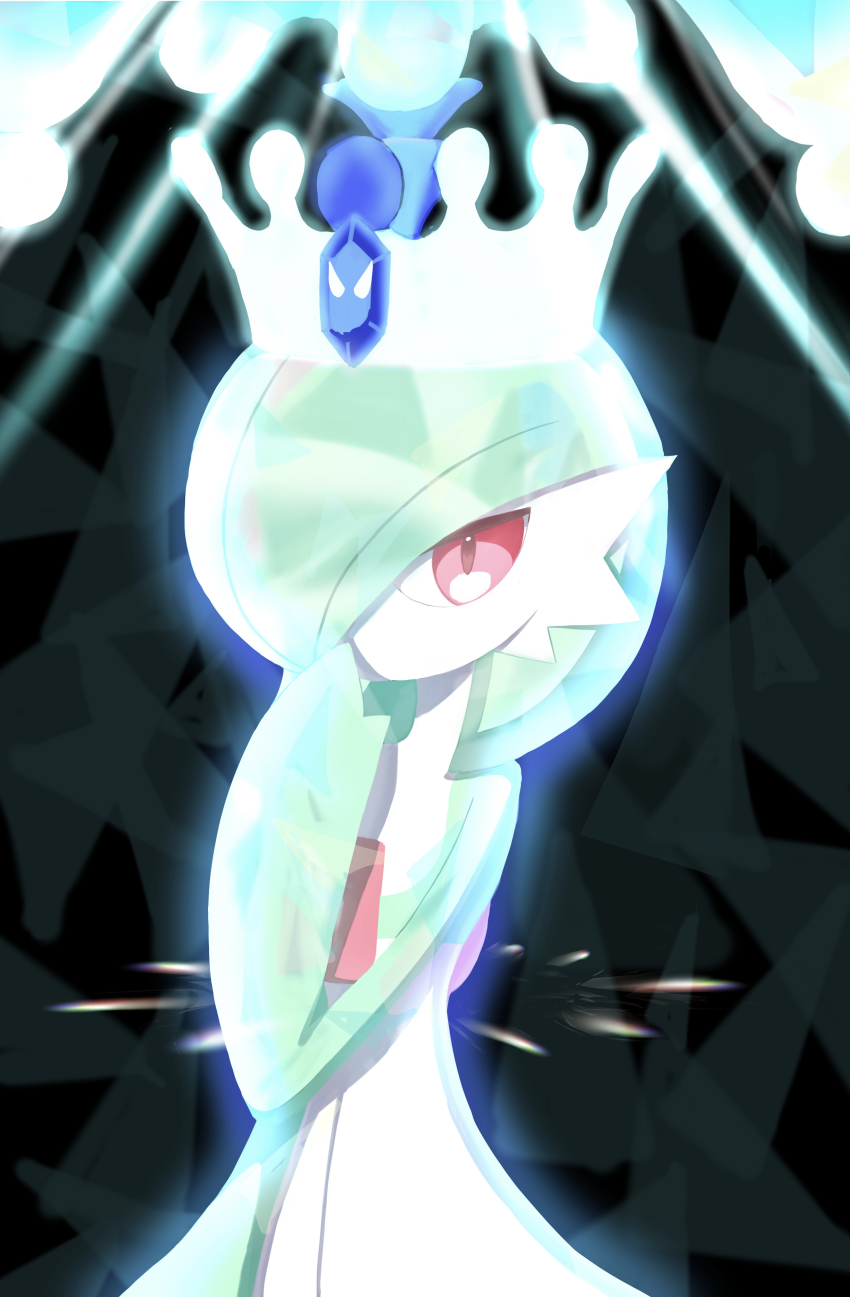absurdres, colored_skin, commentary_request, crown, gardevoir, gen_3_pokemon, glowing, green_hair, hand_up, highres, looking_at_viewer, medium_hair, mogu_(mogu_mogu_um), nintendo, pokemon, pokemon_(creature), red_eyes, solo, terastallization, white_skin