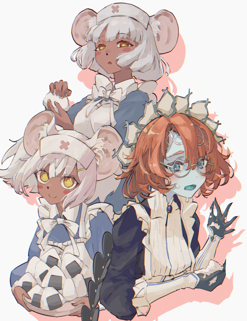 3girls, absurdres, alternate_costume, animal_ears, blue_eyes, blue_skin, brown_hair, colored_skin