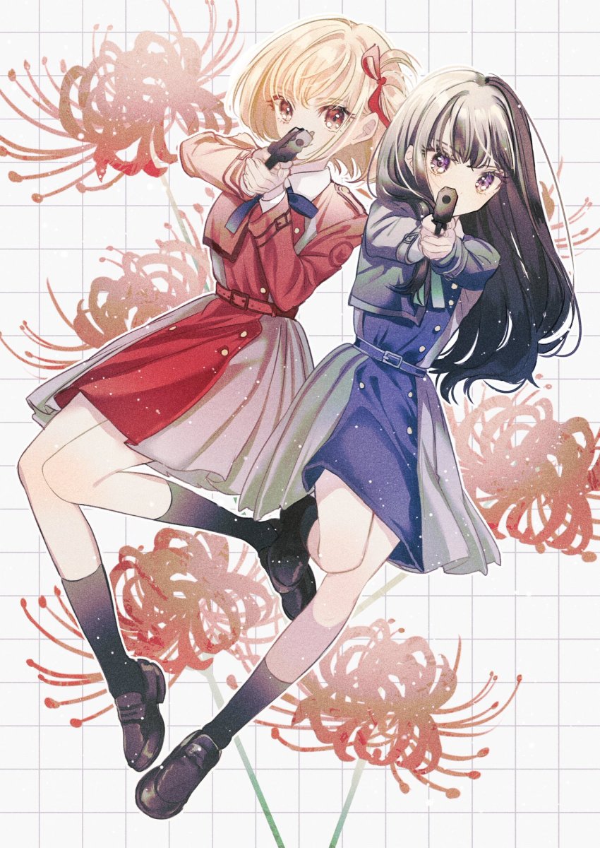 2girls, aiming, black_hair, black_socks, blonde_hair, blue_dress, donut, dress