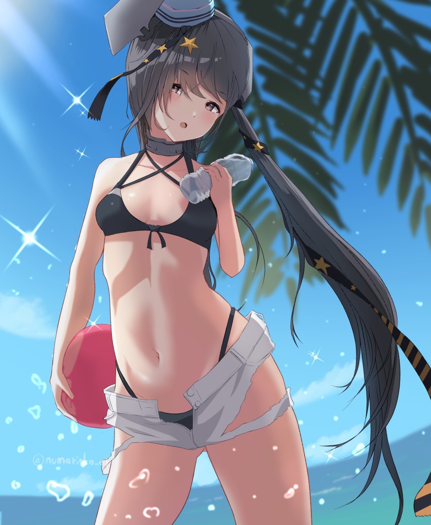 absurdres, aqua_hat, ball, bikini, black_bikini, black_ribbon, blue_sky, bottle, breasts, cloud, commentary_request, cowboy_shot, day, garrison_cap, gloves, grey_eyes, grey_hair, hair_ornament, hair_ribbon, hat, highleg, highleg_bikini, highres, horizon, kantai_collection, light_rays, long_hair, looking_at_viewer, numarinko, ocean, outdoors, ribbon, scamp_(kancolle), short_shorts, shorts, side_ponytail, sky, small_breasts, star_(symbol), star_hair_ornament, sunbeam, sunlight, swimsuit, thighs, white_gloves, white_shorts