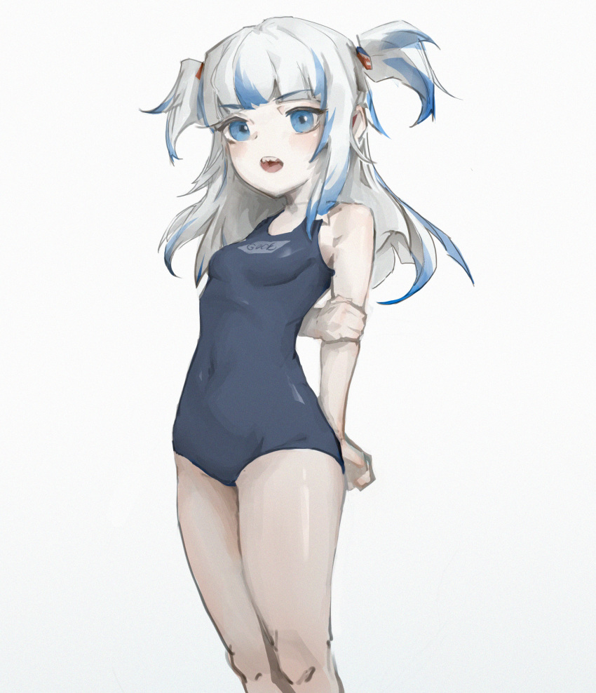 1girl, absurdres, arms_behind_back, bare_shoulders, blue_eyes, blue_hair, blue_one-piece_swimsuit, blush