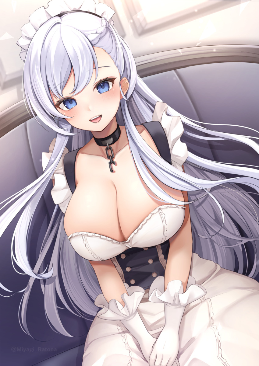 1girl, :d, azur_lane, bare_arms, belfast_(azur_lane), black_choker, blue_eyes, blush
