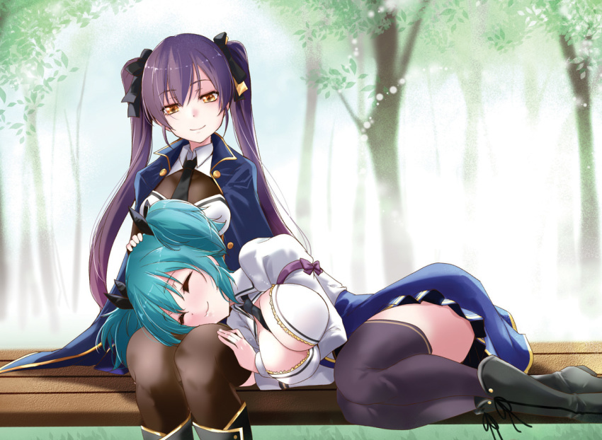 2girls, :3, aqua_hair, arm_under_breasts, assault_lily, bench, between_breasts, black_footwear
