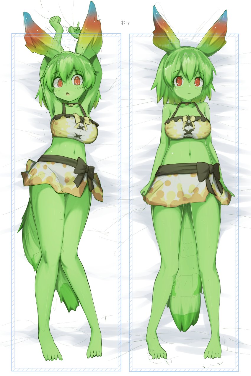 1girl, absurdres, animal_costume, animal_ears, barefoot, bed, bed_sheet, bikini