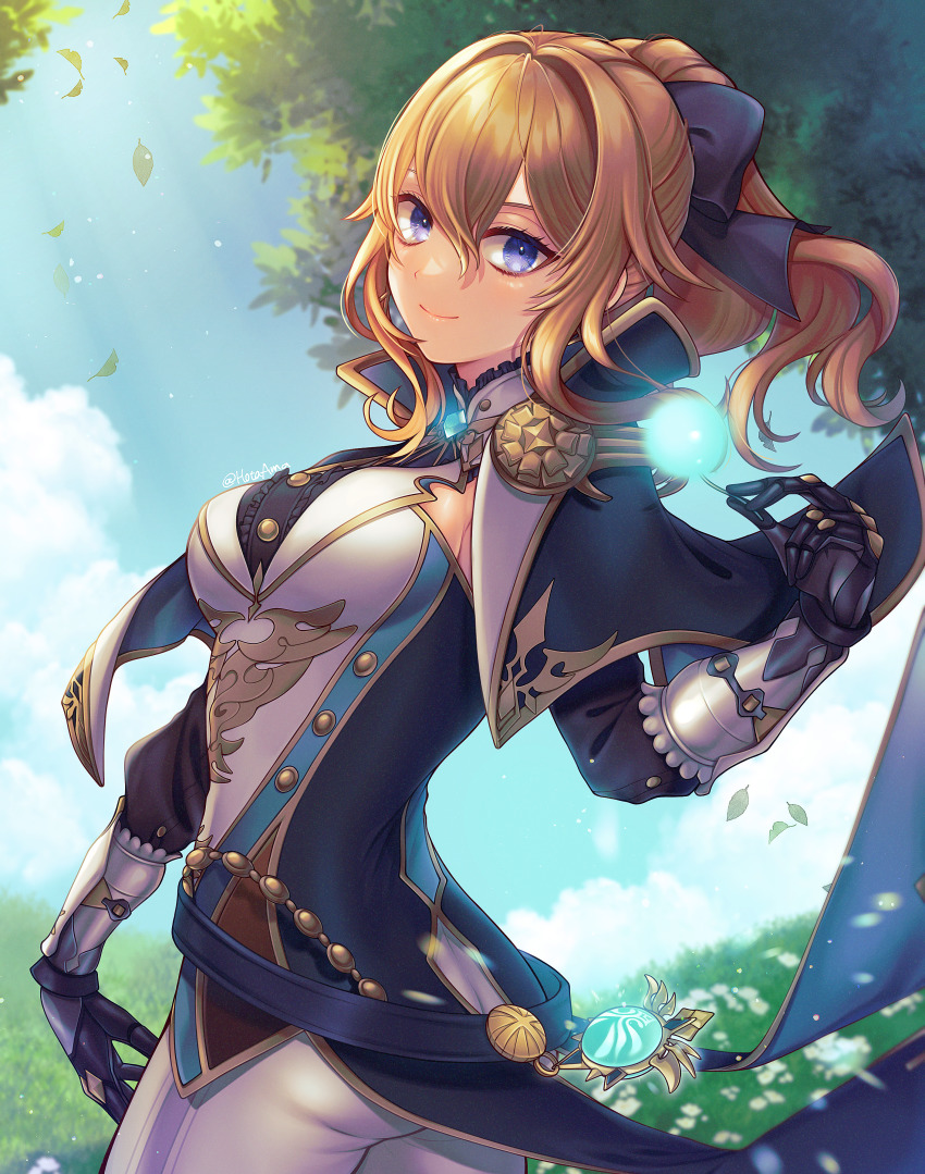 1girl, absurdres, amano_hotaru_(hotaama), black_capelet, blonde_hair, blue_bow, blue_eyes, bow