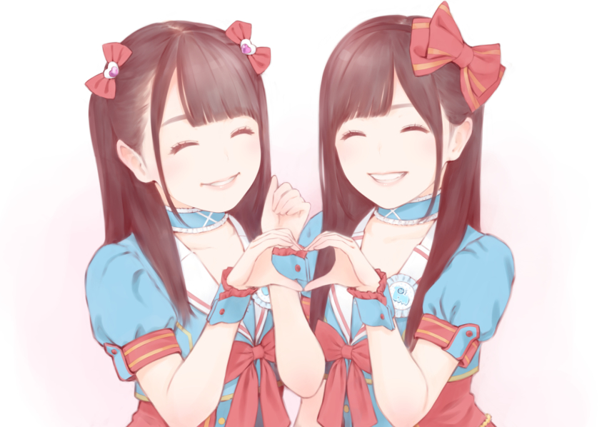 2girls, bow, closed_eyes, heart, heart_hands, kiryu_akane, multiple_girls, purelymonster