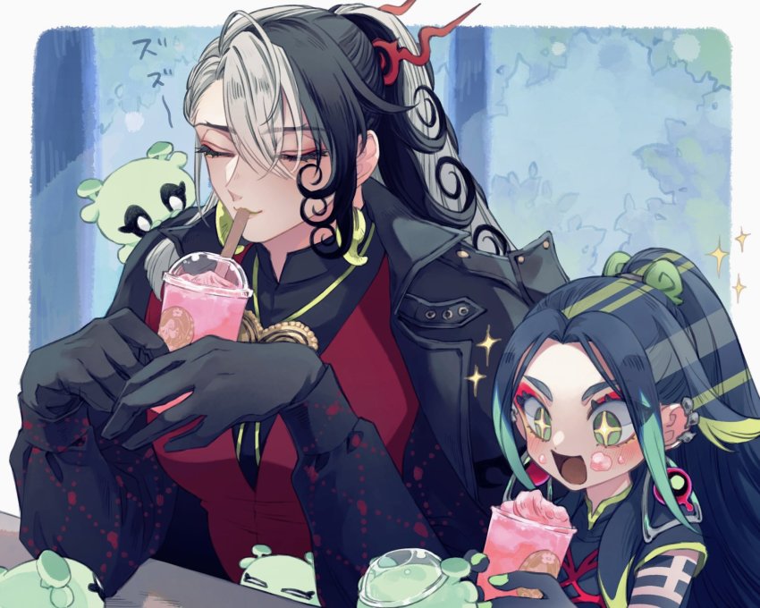 +_+, 2boys, :d, aqua_hair, argyle_clothes, argyle_shirt, ashiya_douman_(fate), ashiya_douman_(tour_outfit)_(fate)