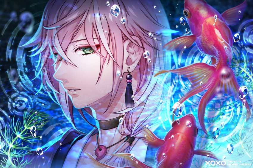 1boy, air_bubble, black_choker, bubble, choker, crossed_bangs, earrings, expressionless