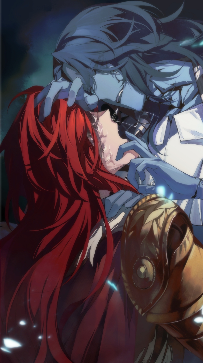 2girls, absurdres, blue_background, blue_hair, blue_skin, cape, chinese_commentary, colored_skin, commentary_request, cracked_skin, elden_ring, extra_arms, extra_faces, eyes_visible_through_hair, facial_mark, from_side, fur-trimmed_cape, fur_trim, half-closed_eye, hand_on_another's_head, hand_on_another's_shoulder, highres, incest, long_hair, looking_at_another, malenia_blade_of_miquella, mouth_pull, multiple_girls, one_eye_closed, open_mouth, portrait, prosthesis, prosthetic_arm, ranni_the_witch, red_cape, red_hair, scar, scar_on_face, shouzuo, siblings, sisters, smile, yuri