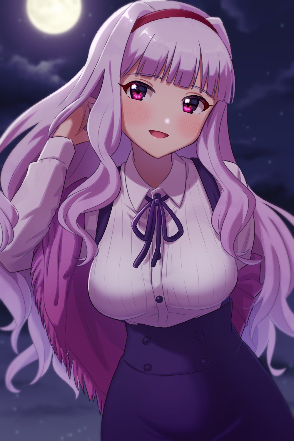 1girl, :d, breasts, cloud, commentary_request, full_moon, grey_hair, hairband