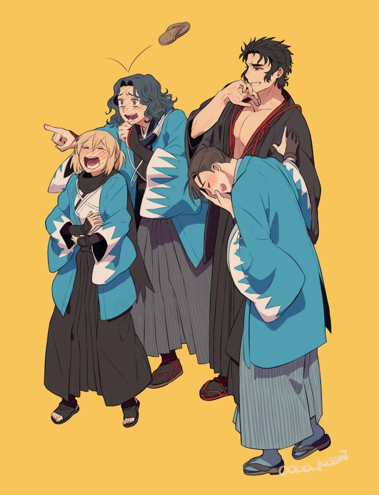 1girl, 3boys, :d, arm_guards, black_footwear, black_gloves, black_hair, black_hakama