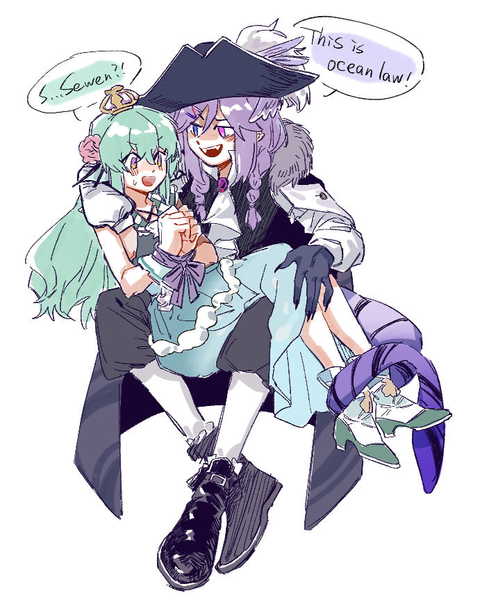 2girls, ahoge, alternate_costume, black_cape, black_footwear, black_headwear, black_vest, blue_eyes