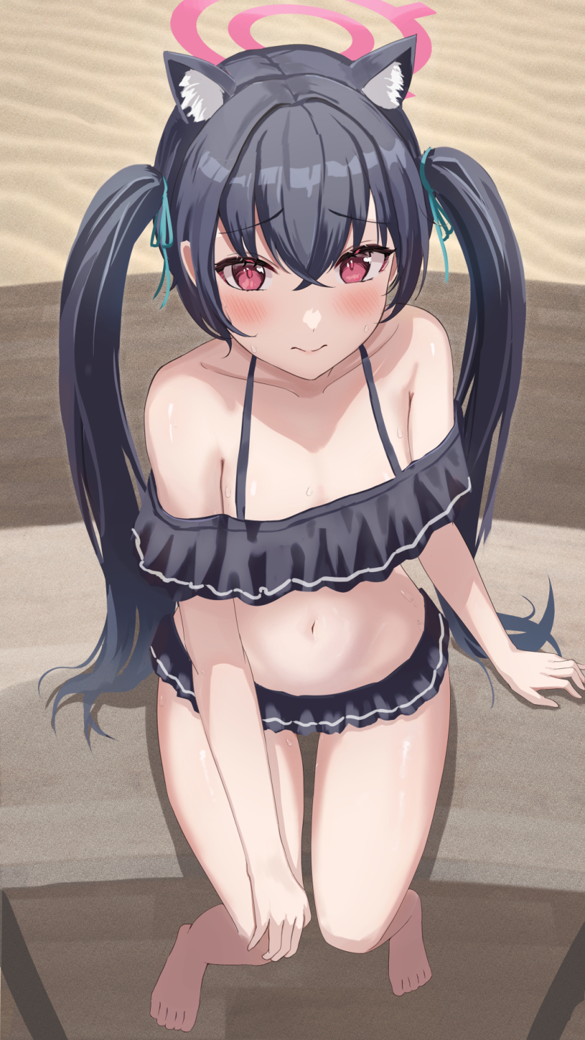 1girl, animal_ear_fluff, animal_ears, bare_shoulders, barefoot, bikini, bikini_skirt, black_bikini