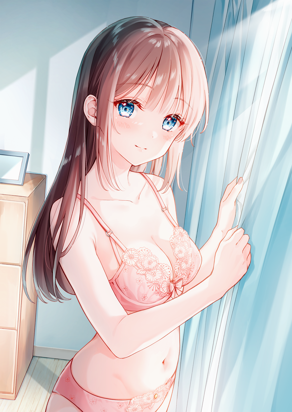 1girl, bare_shoulders, blue_eyes, blush, bra, breasts, brown_hair, cleavage