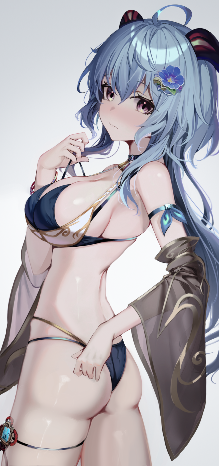 1girl, ahoge, ass, bare_shoulders, bikini, black_bikini, black_choker, blue_hair