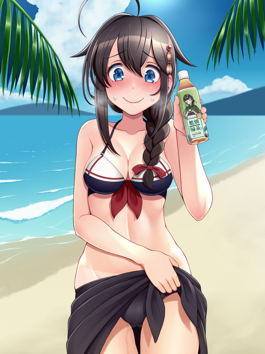 1girl, absurdres, adapted_costume, ahoge, beach, bikini, black_bikini, black_hair
