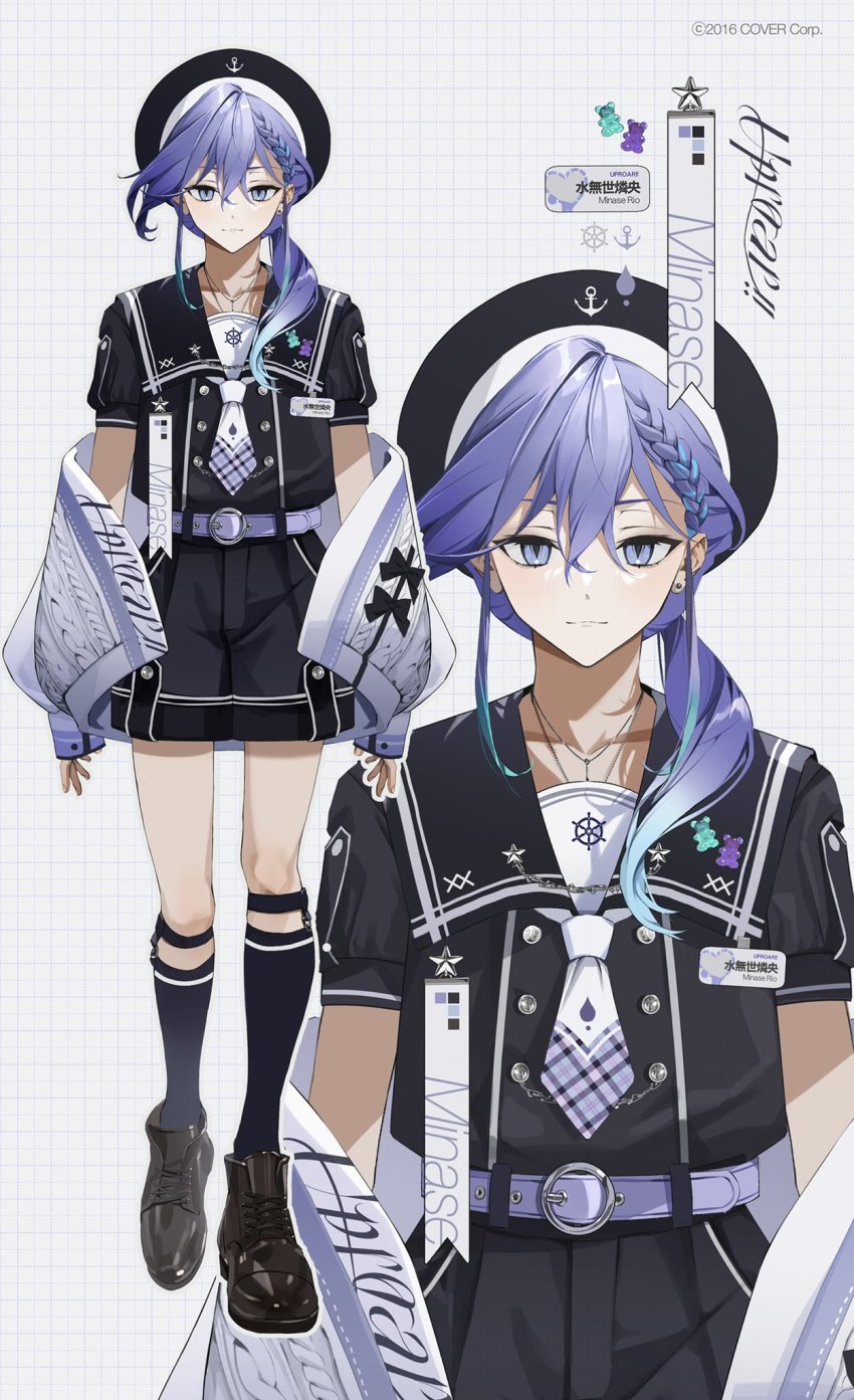 1boy, belt, black_footwear, black_hat, black_shirt, black_shorts, black_socks, brown_shoes